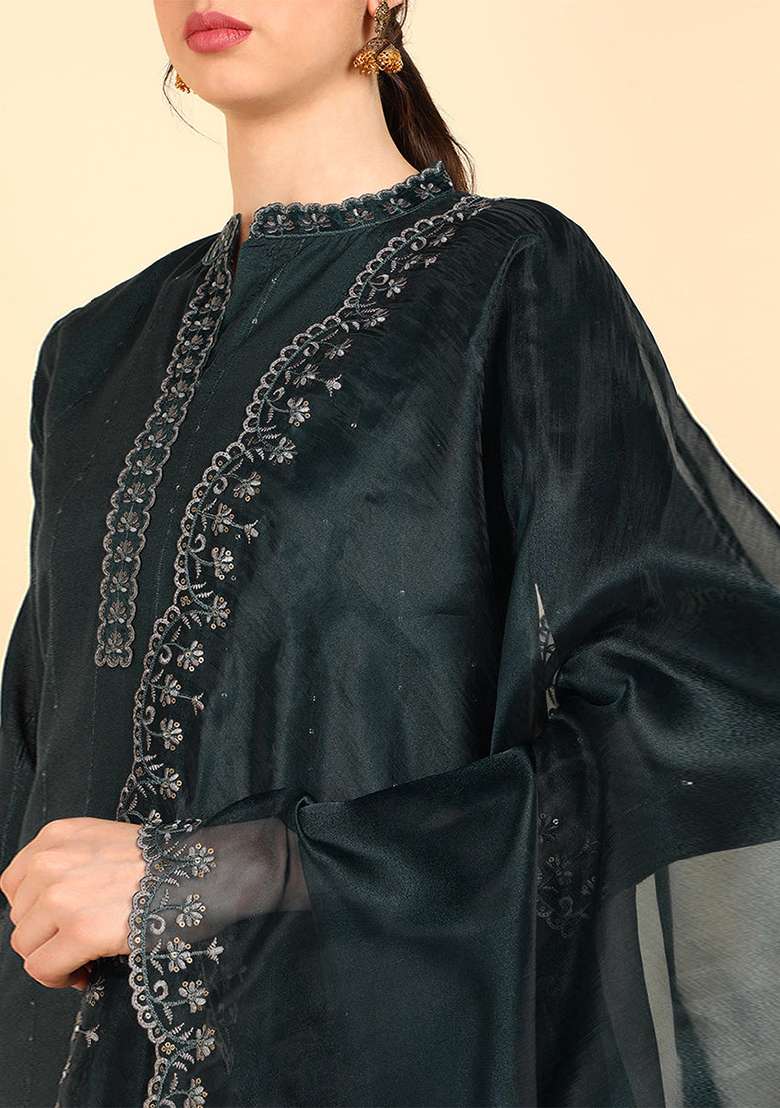 Teal Embroidered Silk Blend Straight Kurta Set - Indya
