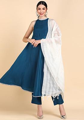 Teal Blue Solid Poly Silk Kurta Set