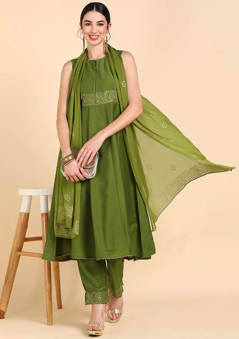 Olive Green Embroidered Silk Straight Kurta Set - Indya