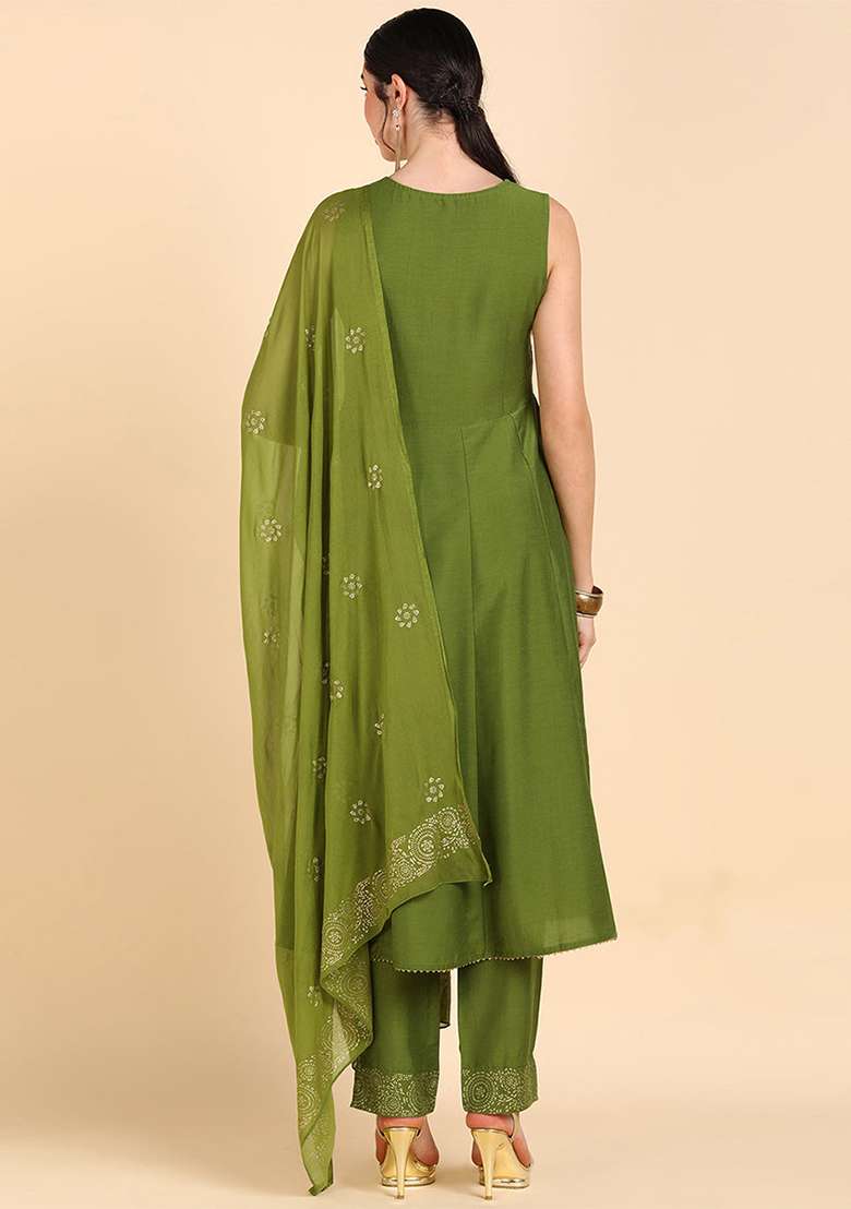 Olive Green Embroidered Silk Straight Kurta Set - Indya