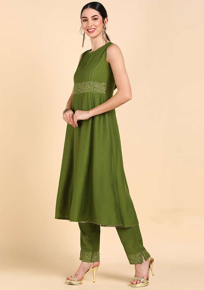 Olive Green Embroidered Silk Straight Kurta Set - Indya