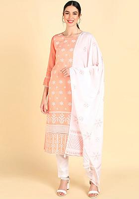 Peach Embroidered Poly Silk Kurta Set