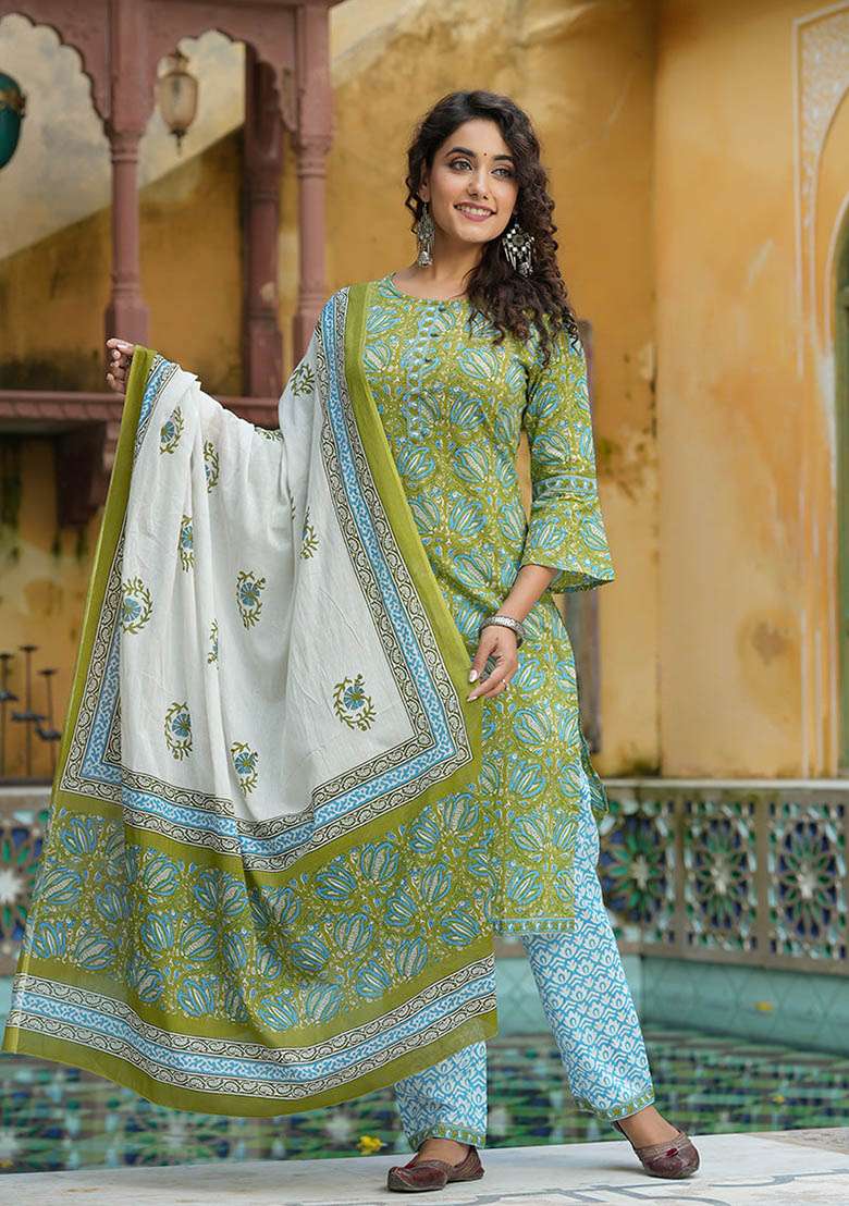 Green Printed Cotton Straight Kurta Set - Indya