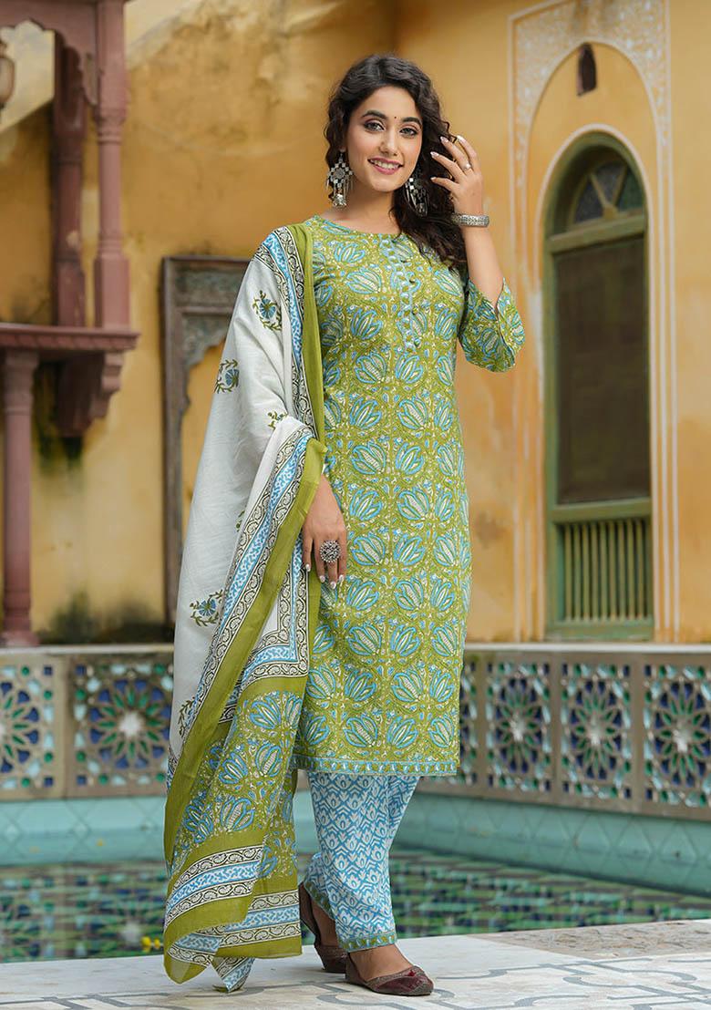 Green Printed Cotton Kurta Set