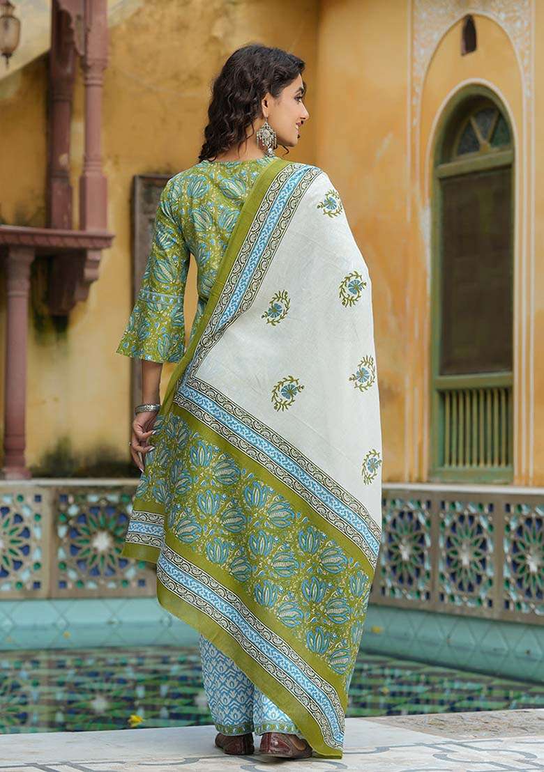 Green Printed Cotton Straight Kurta Set - Indya