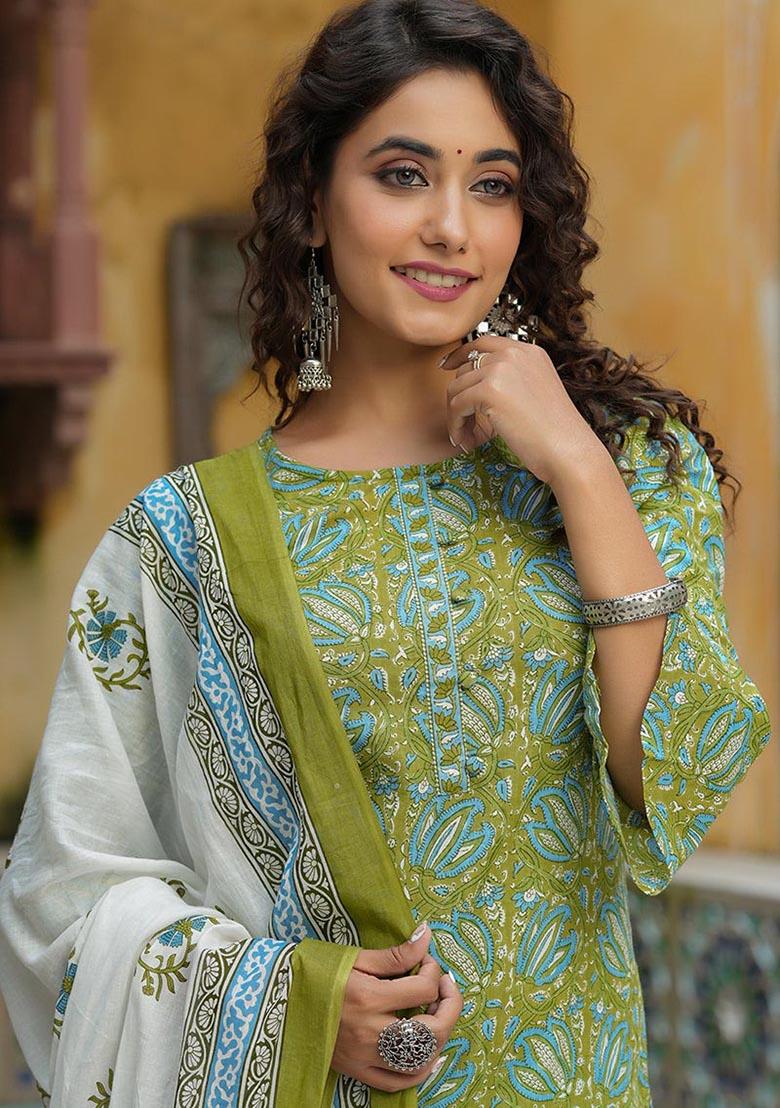 Green Printed Cotton Kurta Set