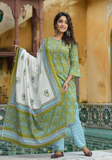 Green Printed Cotton Kurta Set