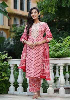 Pink Embroidered Cotton Kurta Set