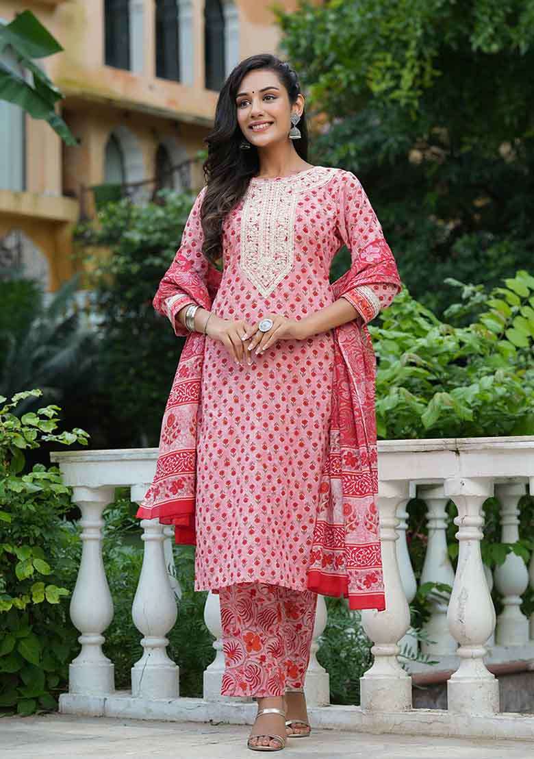 Pink Embroidered Cotton Straight Kurta Set - Indya