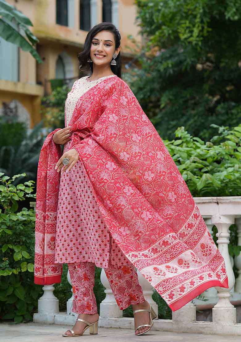 Pink Embroidered Cotton Straight Kurta Set - Indya
