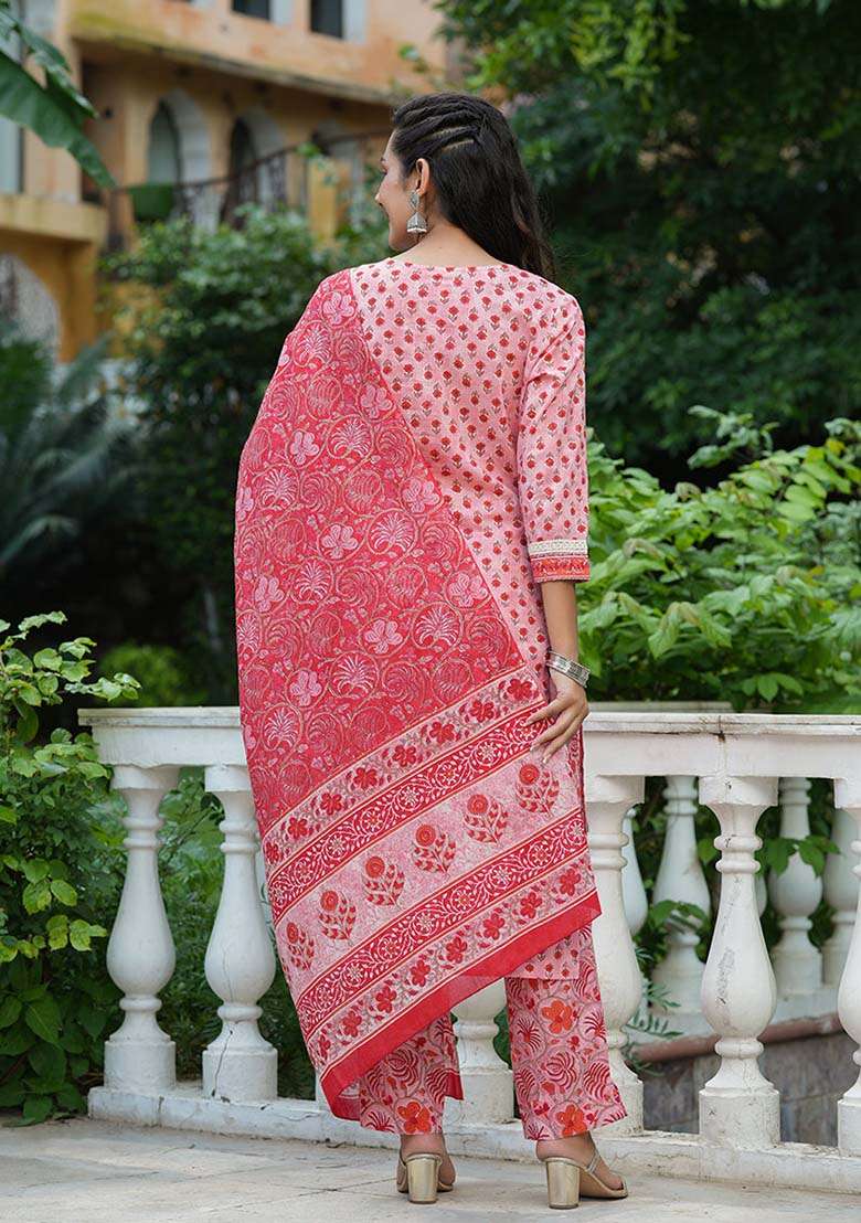 Pink Embroidered Cotton Straight Kurta Set - Indya