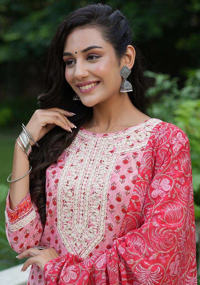 Pink Embroidered Cotton Straight Kurta Set - Indya