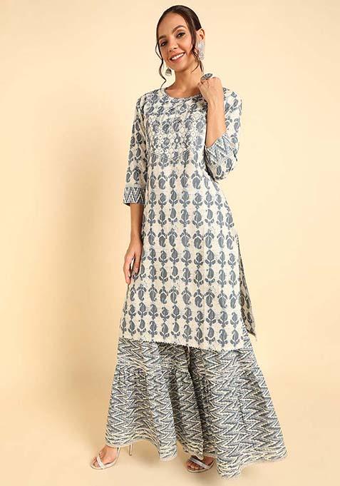 Off White Printed Cotton Kurta Set