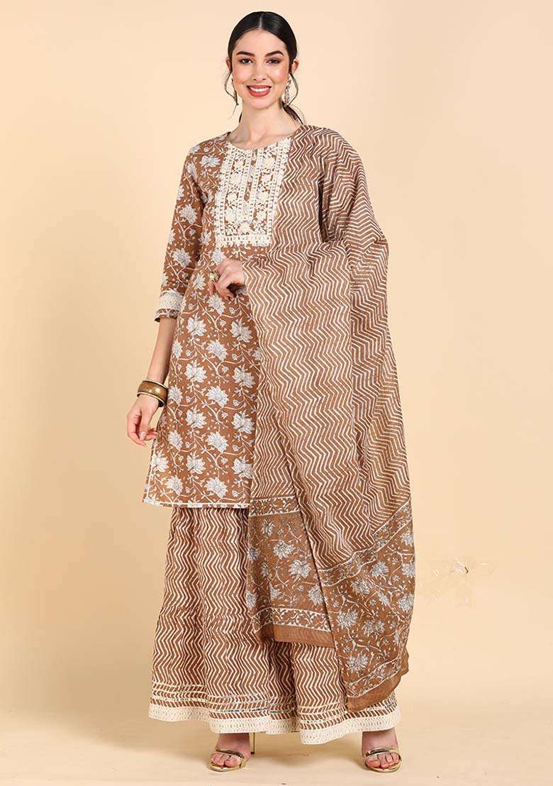 Brown Printed Cotton Sharara Set - Indya