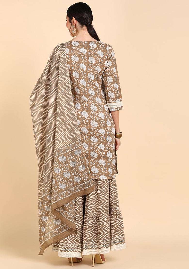 Brown Printed Cotton Sharara Set - Indya