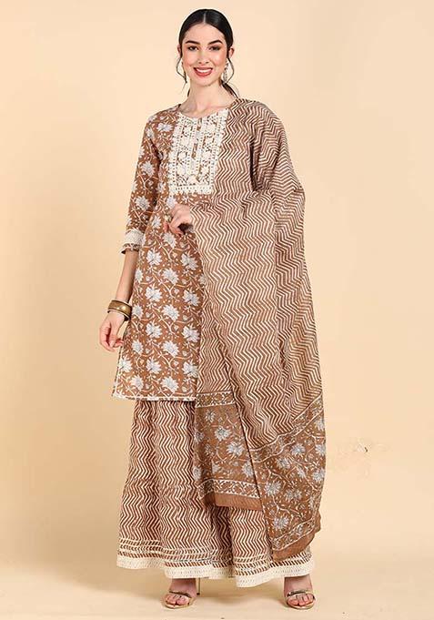 Brown Printed Cotton Kurta Set