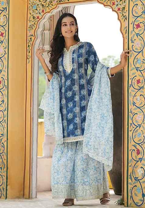 Blue Embroidered Cotton Kurta Set