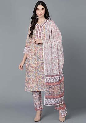 Cream Printed Cotton Kurta Set
