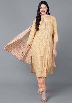 Yellow Printed Cotton Kurta Set