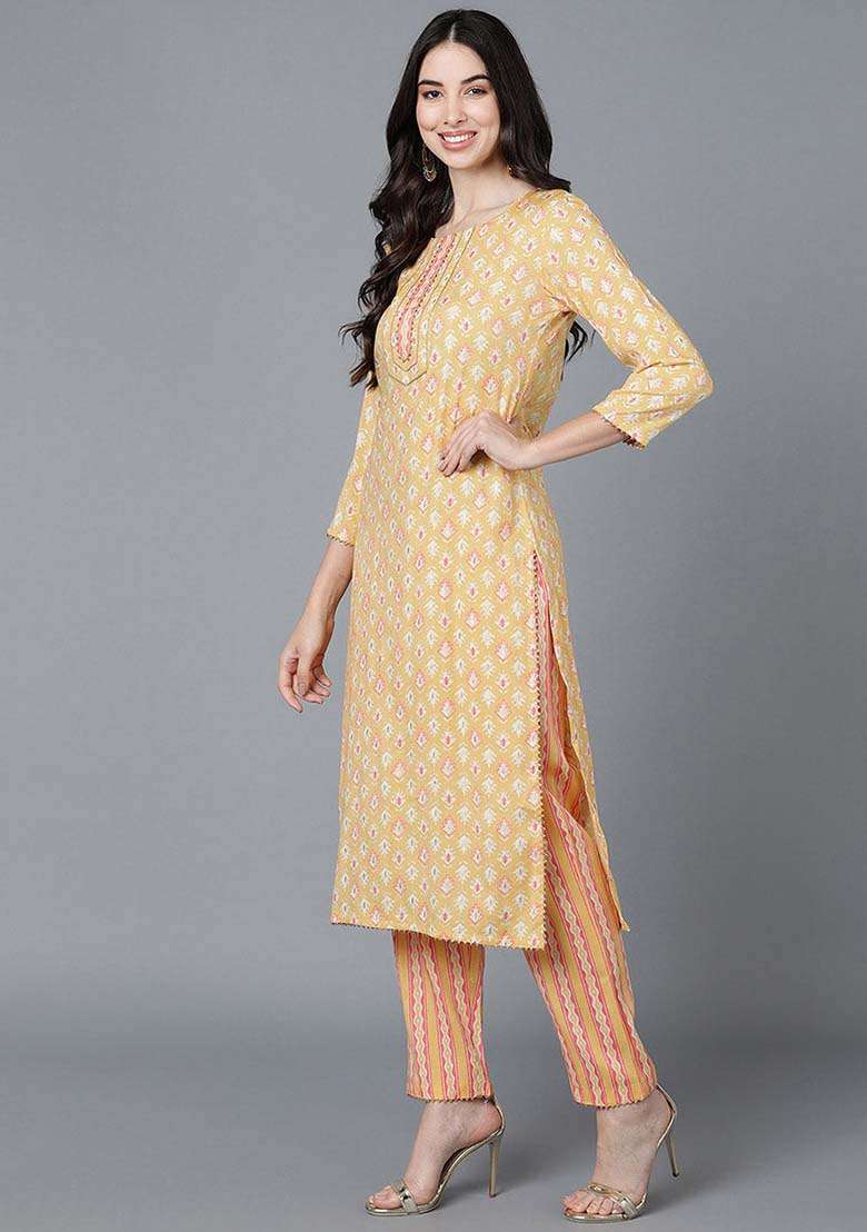 Yellow Printed Cotton Straight Kurta Set - Indya