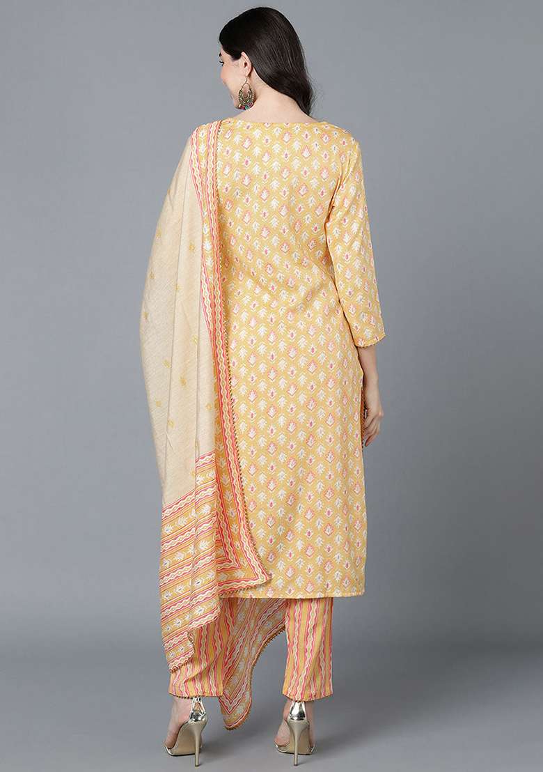Yellow Printed Cotton Straight Kurta Set - Indya