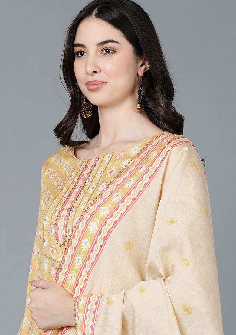 Yellow Printed Cotton Straight Kurta Set - Indya