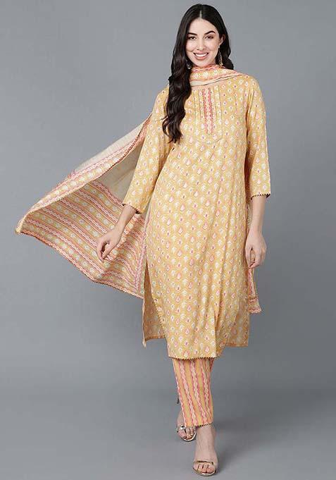 Yellow Printed Cotton Straight Kurta Set