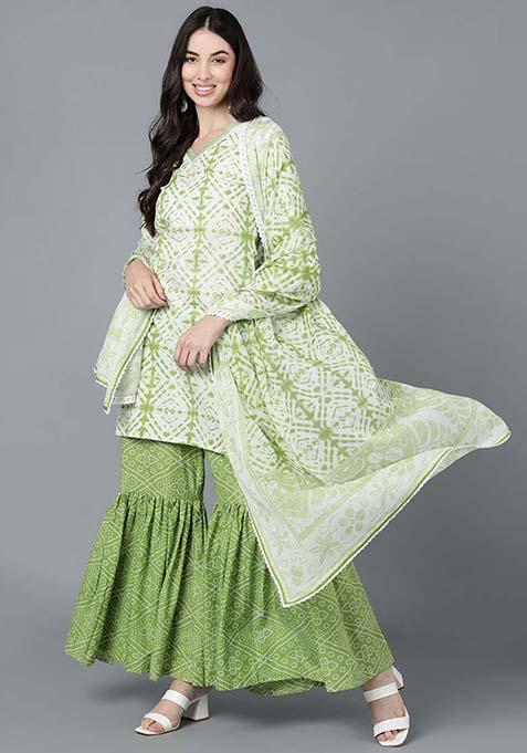 Lime Green Printed Cotton Kurta Set