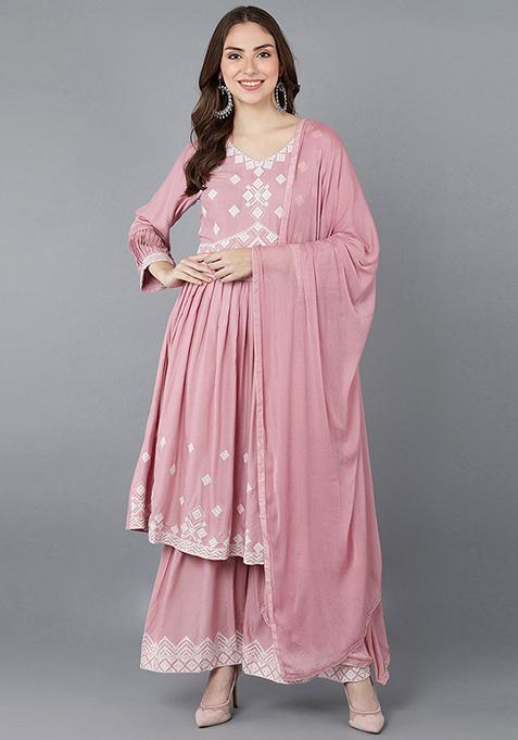 Pink Embroidered Poly Silk Kurta Set