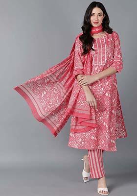 Pink Printed Cotton Kurta Set