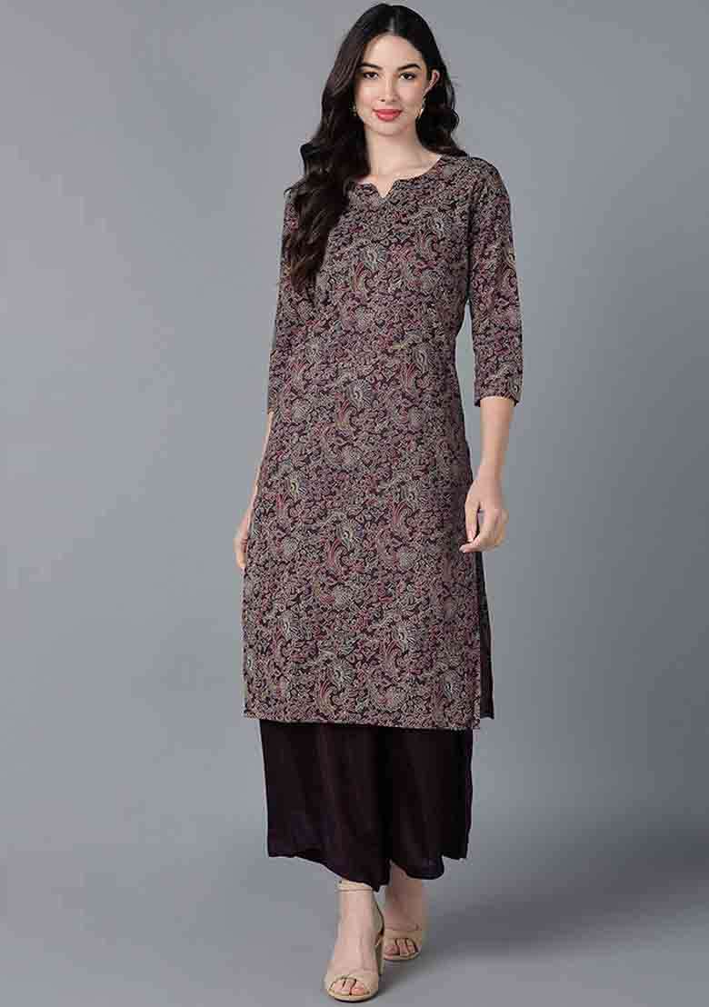Purple Printed Cotton Straight Kurta Set - Indya