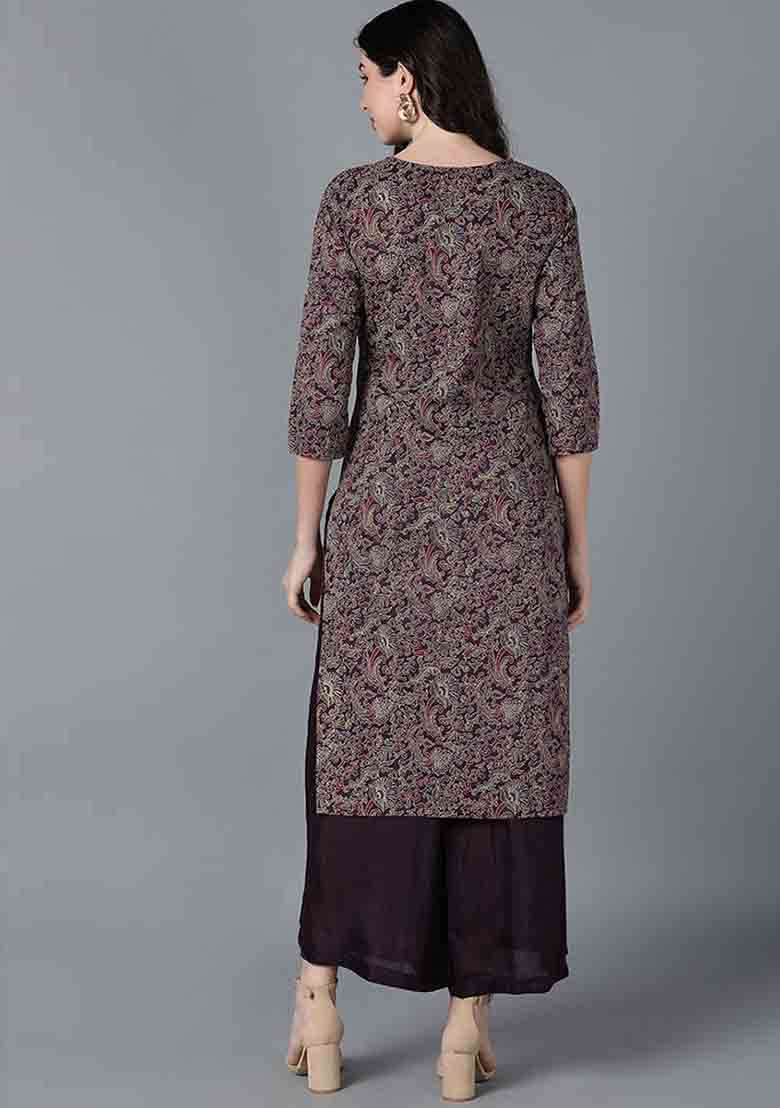 Purple Printed Cotton Straight Kurta Set - Indya