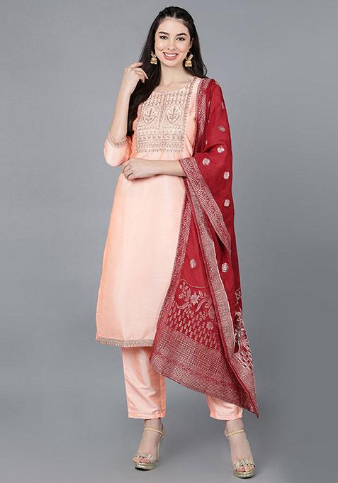 Peach Embroidered Poly Silk Kurta Set