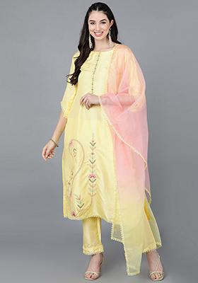 Yellow Embroidered Poly Silk Kurta Set