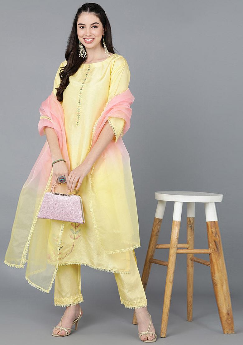 Yellow Embroidered Poly Silk Kurta Set