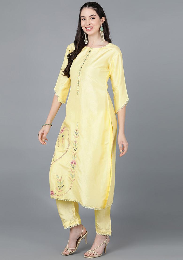 Yellow Embroidered Poly Silk Kurta Set