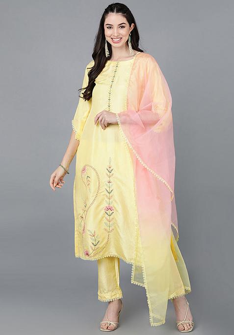 Yellow Embroidered Poly Silk Kurta Set