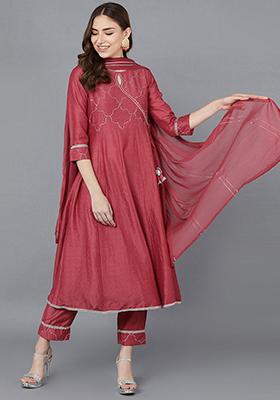 Red Embroidered Poly Silk Kurta Set