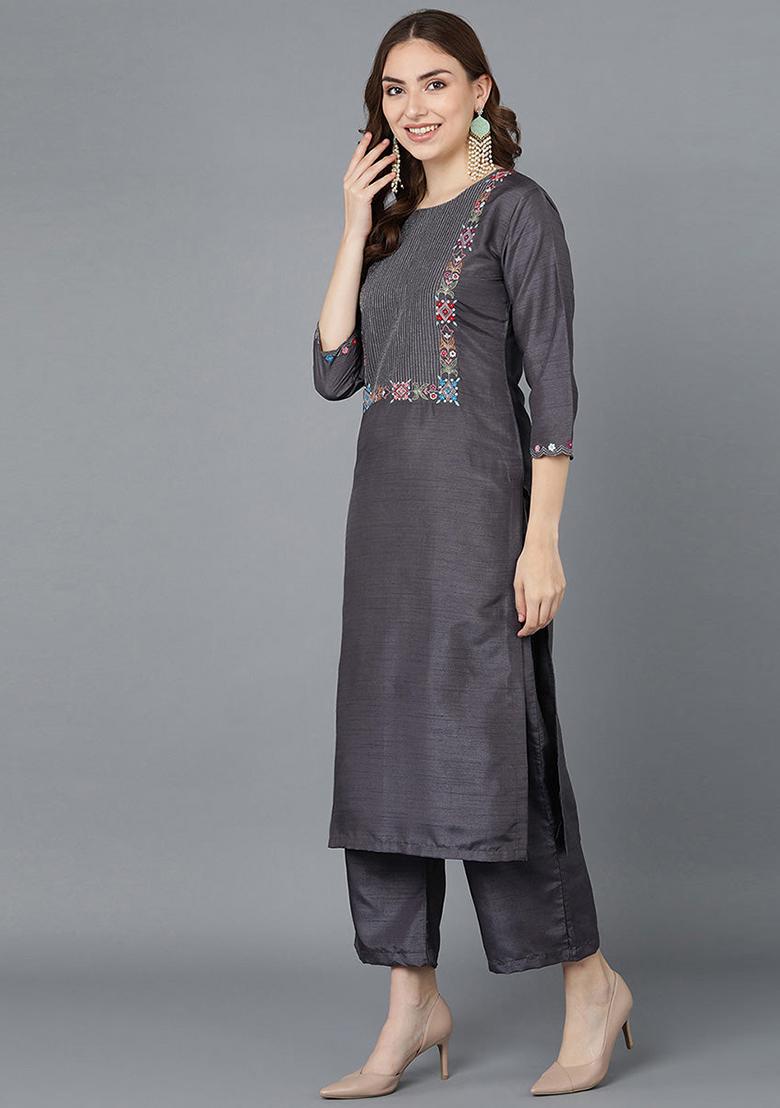 Grey Embroidered Poly Silk Kurta Set