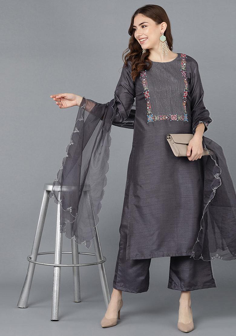 Grey Embroidered Poly Silk Kurta Set