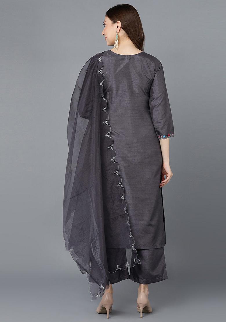 Grey Embroidered Poly Silk Kurta Set
