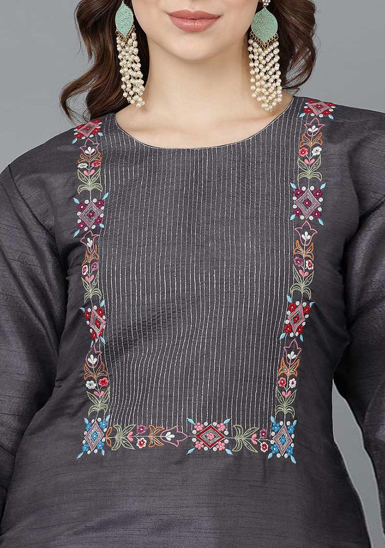 Grey Embroidered Poly Silk Kurta Set