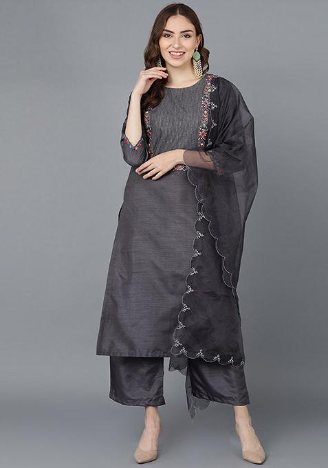 Grey Embroidered Poly Silk Kurta Set