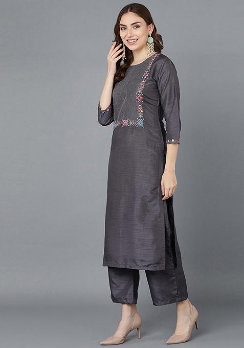 Grey Embroidered Poly Silk Kurta Set