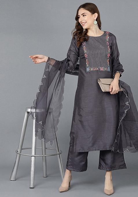 Grey Embroidered Poly Silk Kurta Set