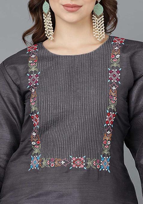 Grey Embroidered Poly Silk Kurta Set