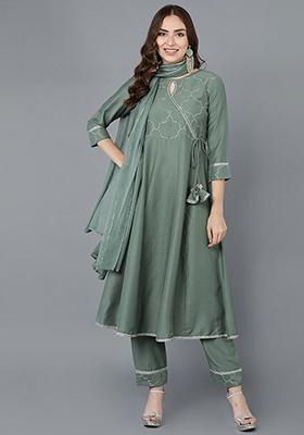 Teal Embroidered Poly Silk Kurta Set