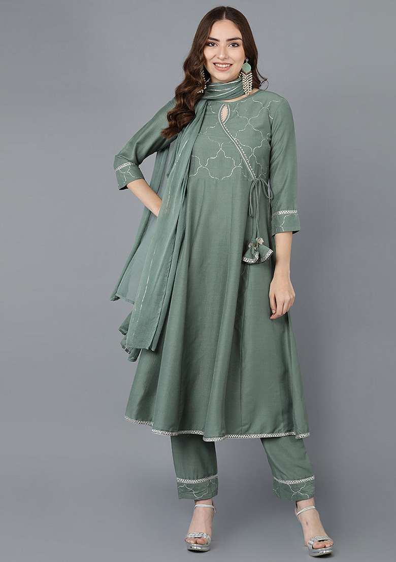 Teal Embroidered Silk Blend A Line Kurta Set - Indya