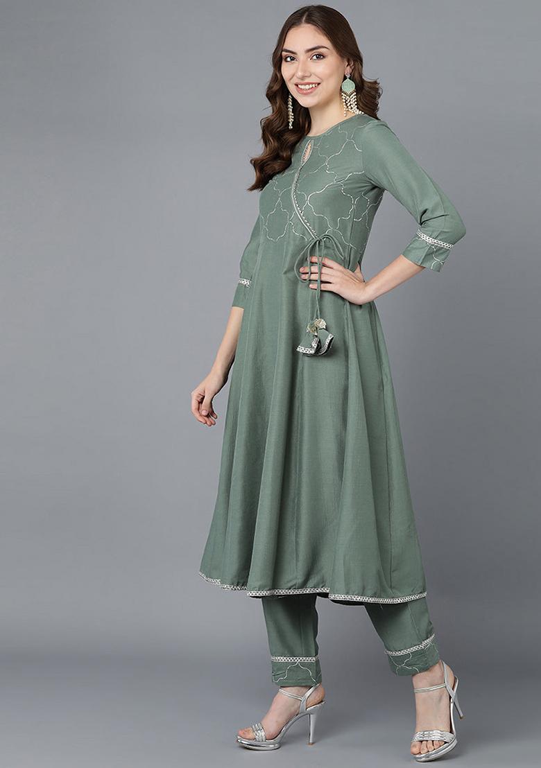 Teal Embroidered Poly Silk Kurta Set