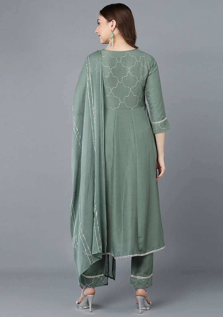 Teal Embroidered Silk Blend A Line Kurta Set - Indya